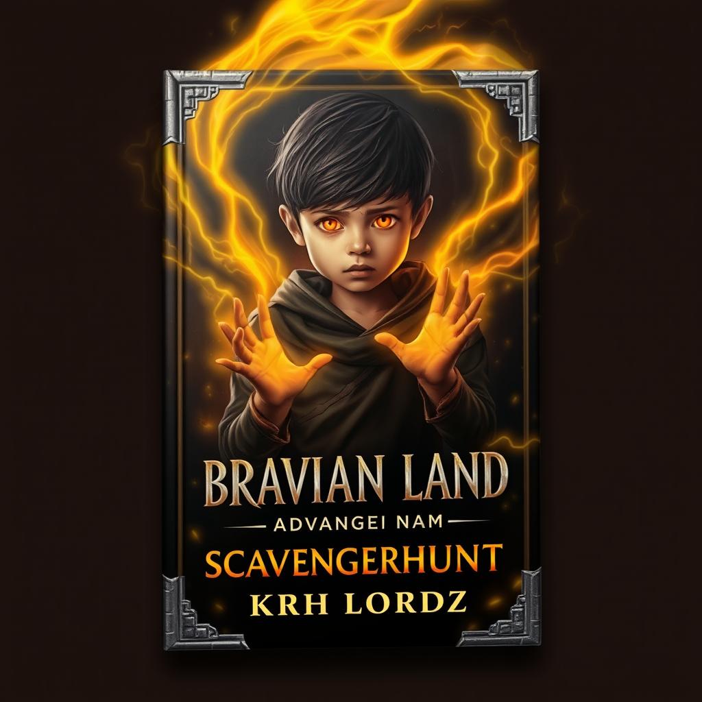 Book cover design for 'BRAVIAN LAND: SCAVENGERHUNT', featuring a young boy with glowing orange eyes, surrounded by a flowing wide range of yellow magic emanating from his body and hands