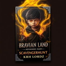 Book cover design for 'BRAVIAN LAND: SCAVENGERHUNT', featuring a young boy with glowing orange eyes, surrounded by a flowing wide range of yellow magic emanating from his body and hands