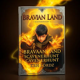 Book cover design for 'BRAVIAN LAND: SCAVENGERHUNT', featuring a young boy with glowing orange eyes, surrounded by a flowing wide range of yellow magic emanating from his body and hands