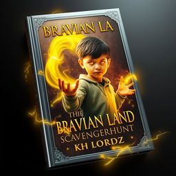 Book cover design for 'BRAVIAN LAND: SCAVENGERHUNT', featuring a young boy with glowing orange eyes, surrounded by a flowing wide range of yellow magic emanating from his body and hands