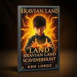 Book cover design for 'BRAVIAN LAND: SCAVENGERHUNT', featuring a young boy with glowing orange eyes, surrounded by a flowing wide range of yellow magic emanating from his body and hands