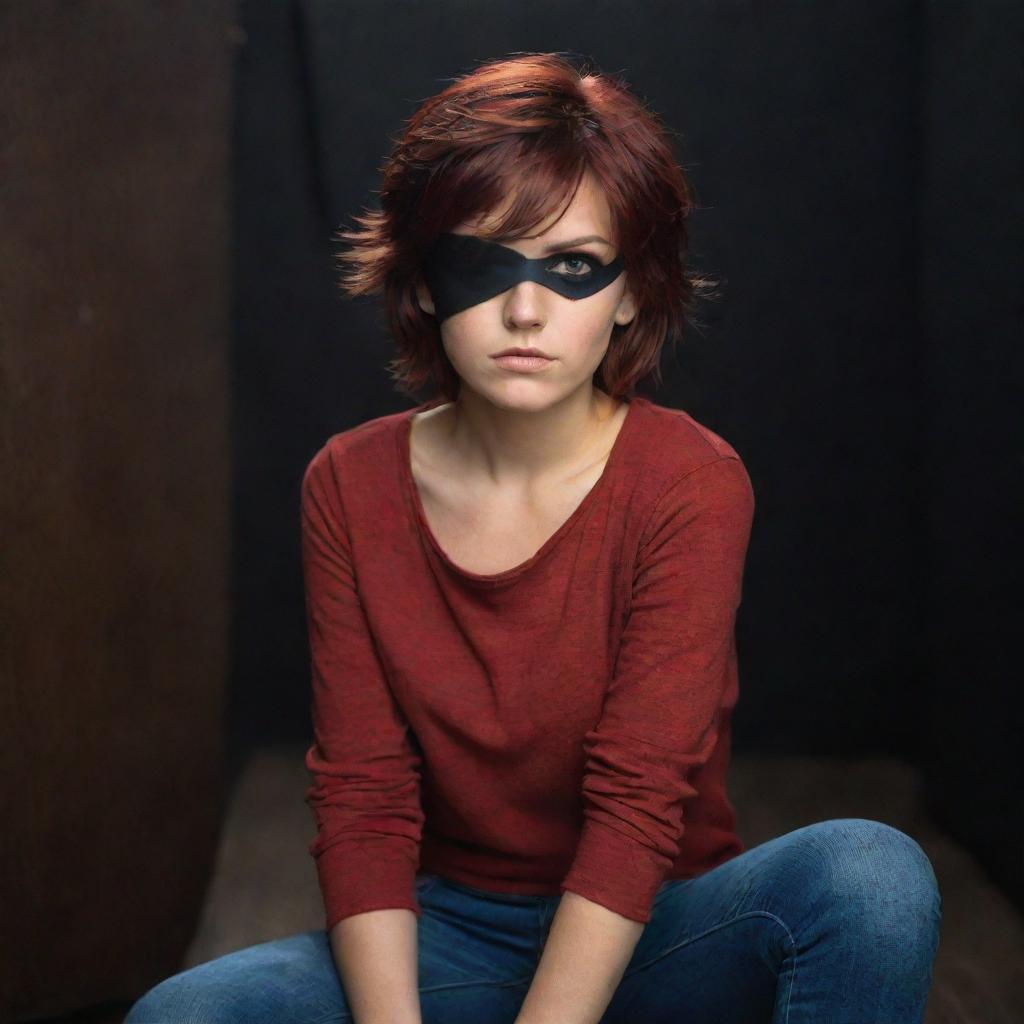 The Indian girl now has reddish-brown short hair peeking from beneath her pirate-style black eyepatch. She's wearing a red top and jeans in a dark, mysterious setting.