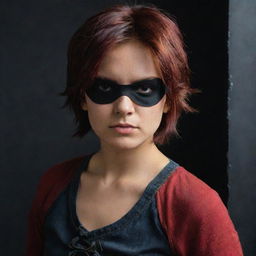 The Indian girl now has reddish-brown short hair peeking from beneath her pirate-style black eyepatch. She's wearing a red top and jeans in a dark, mysterious setting.