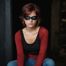 The Indian girl now has reddish-brown short hair peeking from beneath her pirate-style black eyepatch. She's wearing a red top and jeans in a dark, mysterious setting.