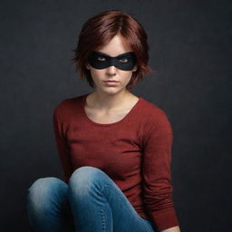 The Indian girl now has reddish-brown short hair peeking from beneath her pirate-style black eyepatch. She's wearing a red top and jeans in a dark, mysterious setting.