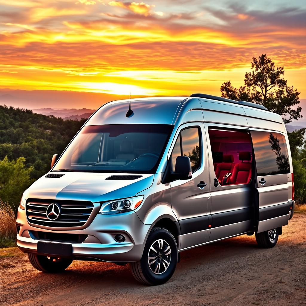 A Mercedes Benz Sprinter van, showcasing its sleek and modern design, parked on a scenic hilltop with a stunning sunset in the background