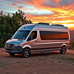 A Mercedes Benz Sprinter van, showcasing its sleek and modern design, parked on a scenic hilltop with a stunning sunset in the background