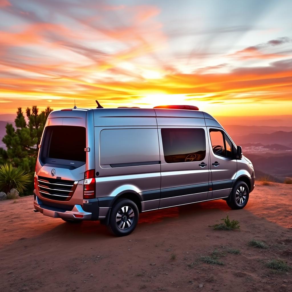 A Mercedes Benz Sprinter van, showcasing its sleek and modern design, parked on a scenic hilltop with a stunning sunset in the background