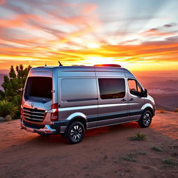 A Mercedes Benz Sprinter van, showcasing its sleek and modern design, parked on a scenic hilltop with a stunning sunset in the background