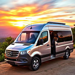 A Mercedes Benz Sprinter van, showcasing its sleek and modern design, parked on a scenic hilltop with a stunning sunset in the background