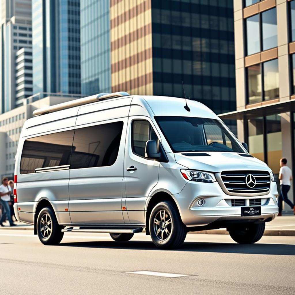 A sleek, modern Mercedes Benz Sprinter van parked in an urban setting, showcasing its stylish design and chrome accents