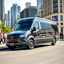 A sleek, modern Mercedes Benz Sprinter van parked in an urban setting, showcasing its stylish design and chrome accents