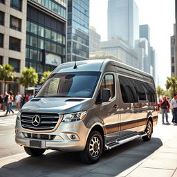 A sleek, modern Mercedes Benz Sprinter van parked in an urban setting, showcasing its stylish design and chrome accents