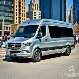 A sleek, modern Mercedes Benz Sprinter van parked in an urban setting, showcasing its stylish design and chrome accents