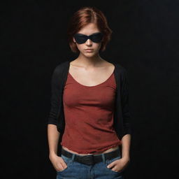 The depiction is of an Indian girl with distinctive features, her short reddish-brown hair peeking from under her pirate-style black eyepatch. Wearing a red top and jeans, she stands immersed in a dark, mysterious setting.