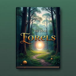 A captivating book cover design featuring an enchanting forest landscape at dusk, with ethereal light filtering through tall, ancient trees