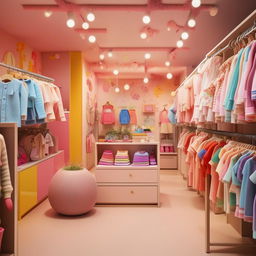 A vibrant and inviting children's clothing reception shop filled with colorful and cute outfits