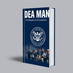 A detailed and professional book cover design for a DEA manual, featuring a stylized emblem of the Drug Enforcement Administration prominently displayed on a dark blue background