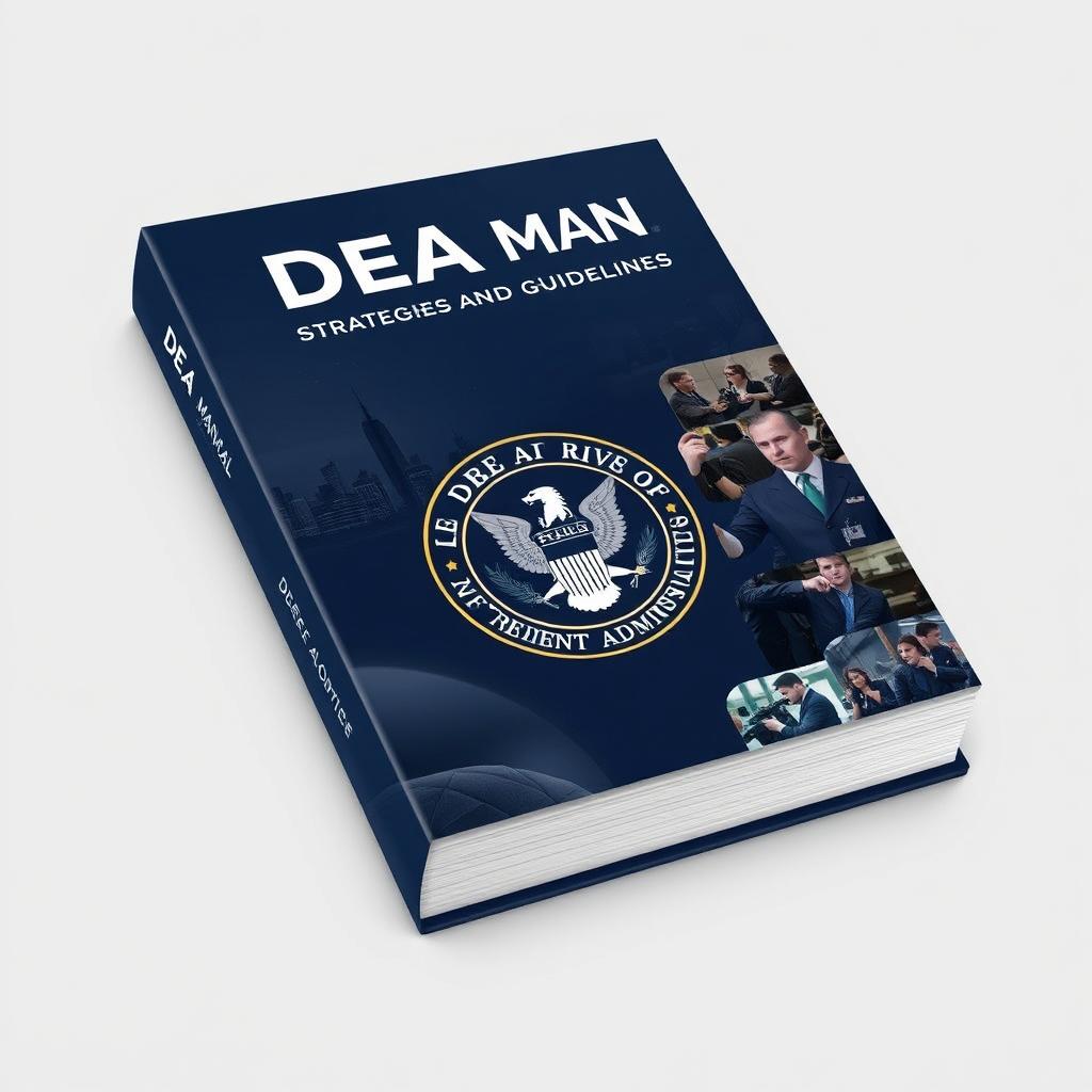 A detailed and professional book cover design for a DEA manual, featuring a stylized emblem of the Drug Enforcement Administration prominently displayed on a dark blue background