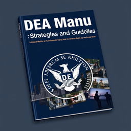 A detailed and professional book cover design for a DEA manual, featuring a stylized emblem of the Drug Enforcement Administration prominently displayed on a dark blue background