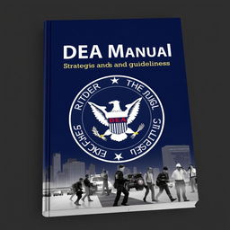 A detailed and professional book cover design for a DEA manual, featuring a stylized emblem of the Drug Enforcement Administration prominently displayed on a dark blue background