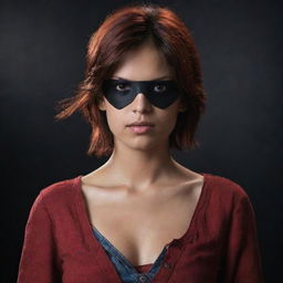 The depiction is of an Indian girl with distinctive features, her short reddish-brown hair peeking from under her pirate-style black eyepatch. Wearing a red top and jeans, she stands immersed in a dark, mysterious setting.