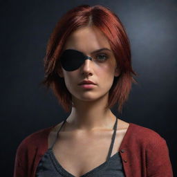 The depiction is of an Indian girl with distinctive features, her short reddish-brown hair peeking from under her pirate-style black eyepatch. Wearing a red top and jeans, she stands immersed in a dark, mysterious setting.