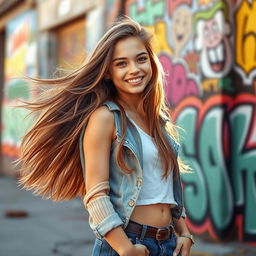 A confident teenage girl with long flowing hair wearing a stylish outfit that highlights her youthfulness