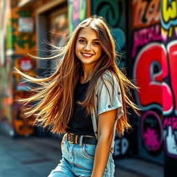 A confident teenage girl with long flowing hair wearing a stylish outfit that highlights her youthfulness