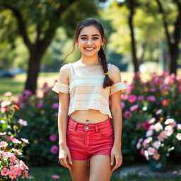 A confident teenage girl with a playful attitude, wearing a fashionable summer crop top and high-waisted shorts