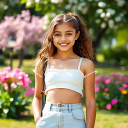 A confident teenage girl with a playful attitude, wearing a fashionable summer crop top and high-waisted shorts