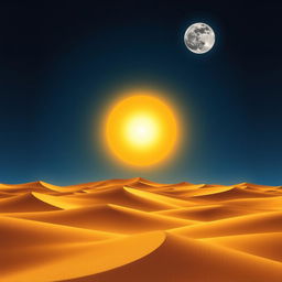 A realistic depiction of a golden desert landscape, showcasing rolling dunes under a stunning dark blue sky