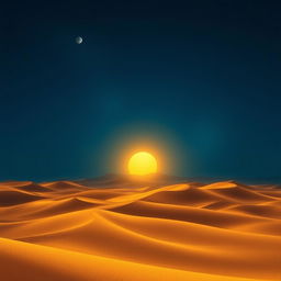 A realistic depiction of a golden desert landscape, showcasing rolling dunes under a stunning dark blue sky