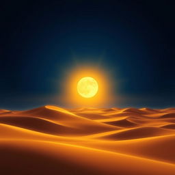 A realistic depiction of a golden desert landscape, showcasing rolling dunes under a stunning dark blue sky
