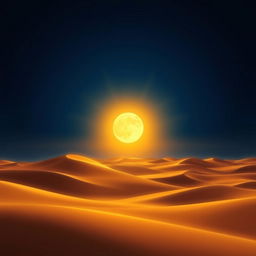 A realistic depiction of a golden desert landscape, showcasing rolling dunes under a stunning dark blue sky