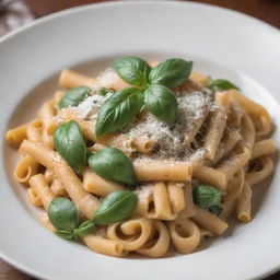 A beautifully plated dish of pasta with a garnish of fresh basil leaves and a dusting of parmesan cheese under soft warm lighting.