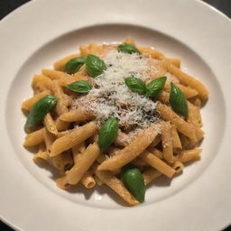 A beautifully plated dish of pasta with a garnish of fresh basil leaves and a dusting of parmesan cheese under soft warm lighting.