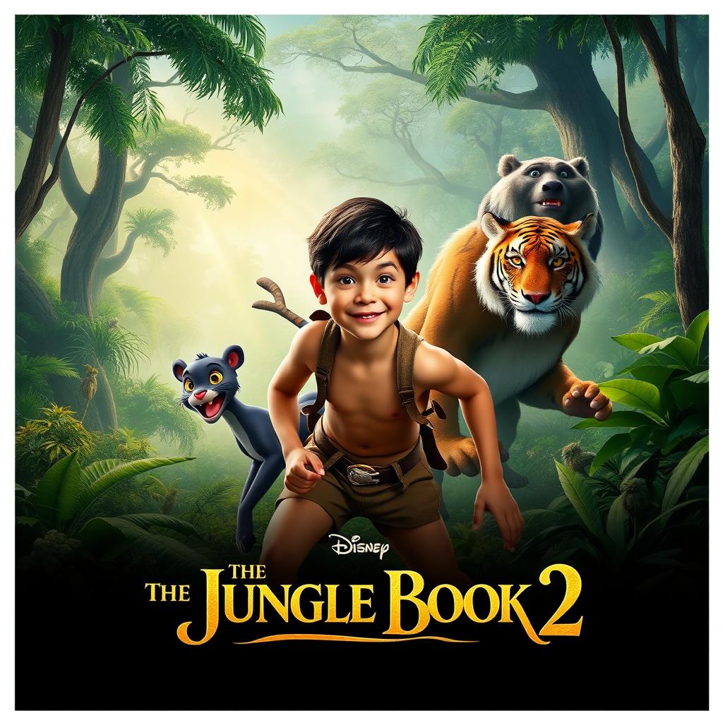 A thrilling movie poster for 'The Jungle Book 2', featuring a lush, expansive jungle backdrop filled with vibrant greenery and towering trees