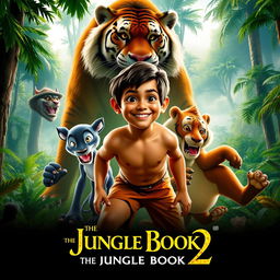 A thrilling movie poster for 'The Jungle Book 2', featuring a lush, expansive jungle backdrop filled with vibrant greenery and towering trees