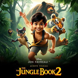 A thrilling movie poster for 'The Jungle Book 2', featuring a lush, expansive jungle backdrop filled with vibrant greenery and towering trees