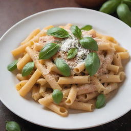 A beautifully plated dish of pasta with a garnish of fresh basil leaves and a dusting of parmesan cheese under soft warm lighting.