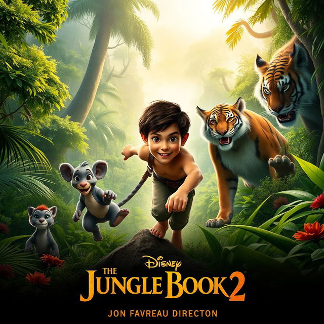 A thrilling movie poster for 'The Jungle Book 2', featuring a lush, expansive jungle backdrop filled with vibrant greenery and towering trees