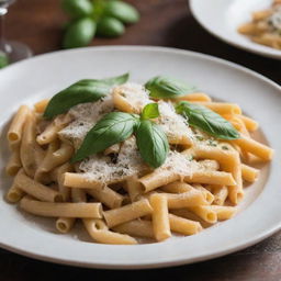 A beautifully plated dish of pasta with a garnish of fresh basil leaves and a dusting of parmesan cheese under soft warm lighting.