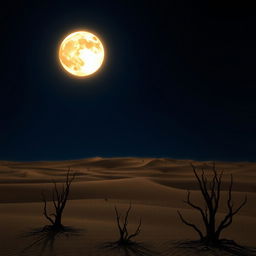 A captivating desert scene set under a deep dark blue sky, where a unique celestial phenomenon occurs: a moon that partially resembles a shining sun, casting a warm glow across the landscape