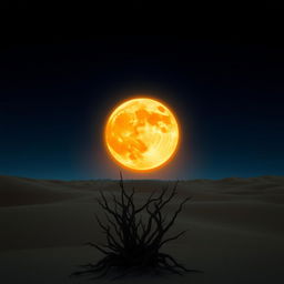 A captivating desert scene set under a deep dark blue sky, where a unique celestial phenomenon occurs: a moon that partially resembles a shining sun, casting a warm glow across the landscape