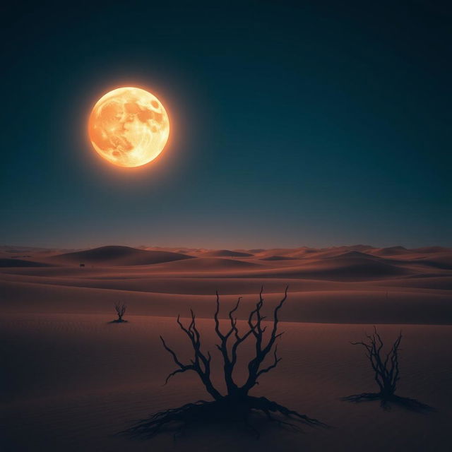 A captivating desert scene set under a deep dark blue sky, where a unique celestial phenomenon occurs: a moon that partially resembles a shining sun, casting a warm glow across the landscape