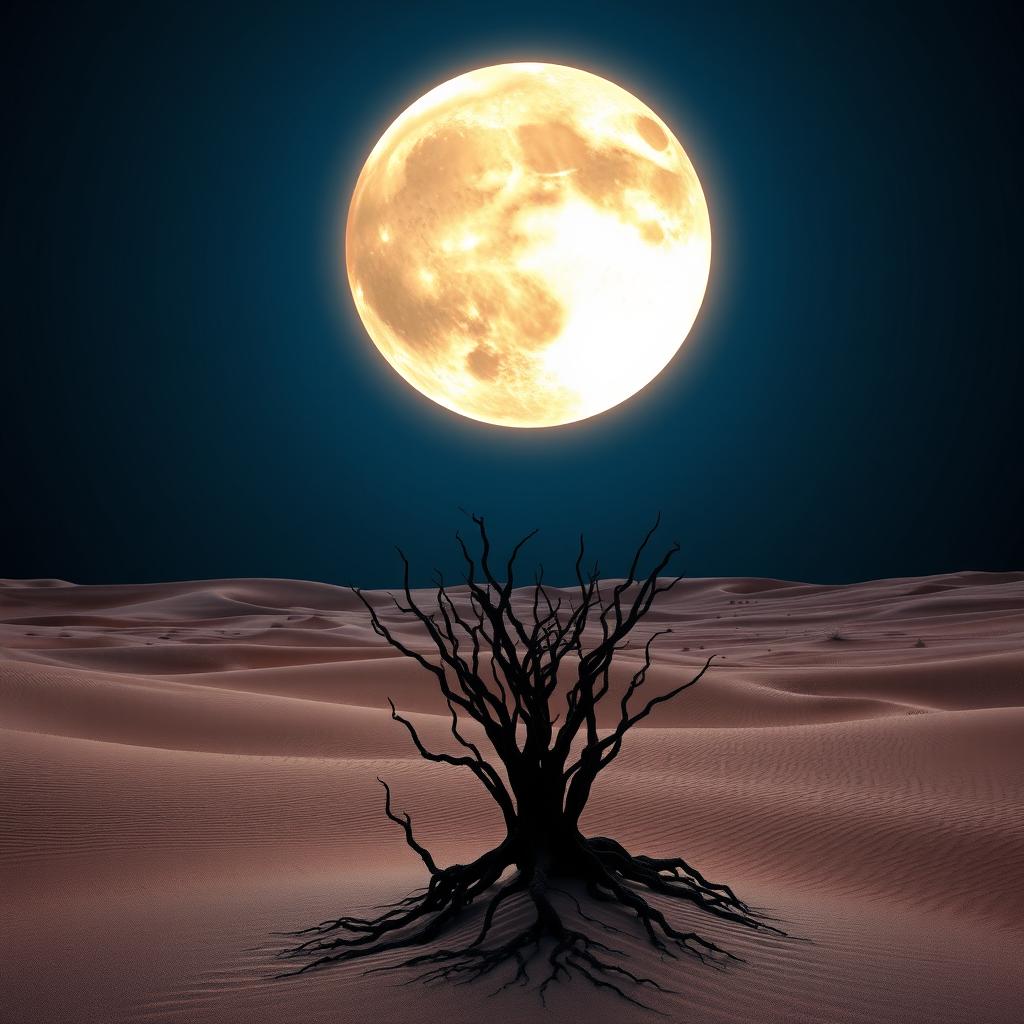 A captivating desert scene set under a deep dark blue sky, where a unique celestial phenomenon occurs: a moon that partially resembles a shining sun, casting a warm glow across the landscape