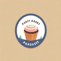 A whimsical yet professional logo for a bakery named 'Pastry Paradise', incorporating pastries like croissants, donuts and cupcakes in a paradise setting with trees and sunshine.