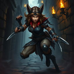 A female Bugbear Rogue, featuring a muscular yet agile build typical of Bugbears, with long shaggy fur, and sharp, pointed ears