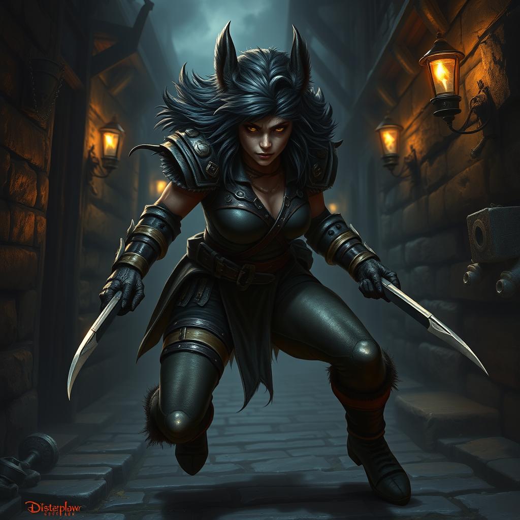 A female Bugbear Rogue, featuring a muscular yet agile build typical of Bugbears, with long shaggy fur, and sharp, pointed ears